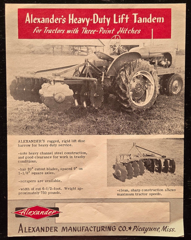 1950’s ALEXANDER MANUFACTURING CO. TRACTOR HEAVY DUTY LIFT TANDEM ADVERTISEMENT