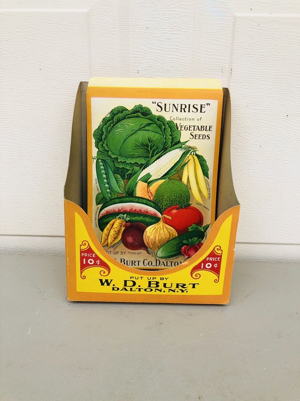 Antique W.D. BURT CO. SUNRISE VEGETABLE SEED PACKET STORE DISPLAY DALTON, N.Y.