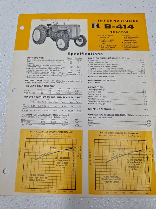 International Harvester B-414 Industrial Tractor Dealer’s Brochure Specification