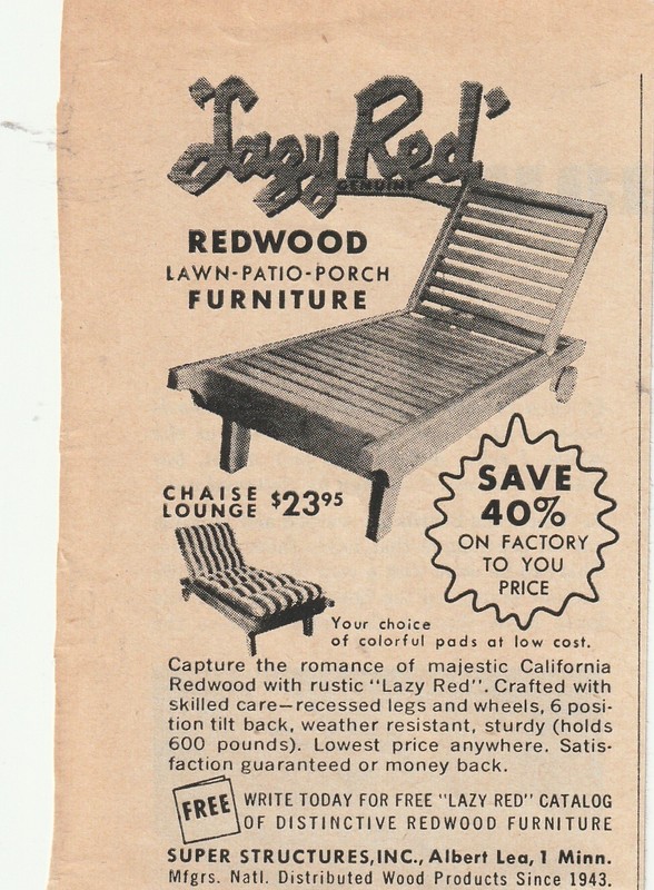 1954 printed ad TagyRed Redwood lawn patio porch furniture, California Redwood