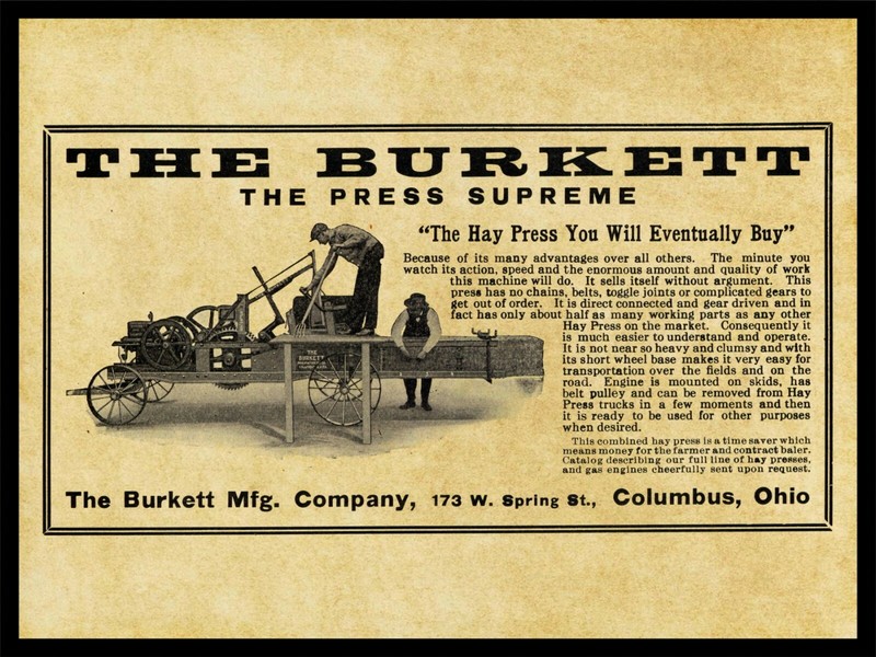 1915 Burkett Hay Press NEW Metal Sign: The Press Supreme – Columbus, OhiO