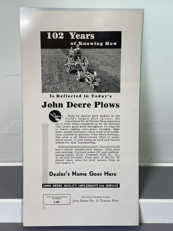Vintage 1900’s JOHN DEERE No. 52 tractor plow Dealer’s Advertising Ad Samples