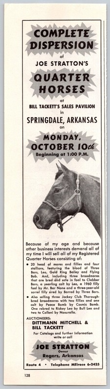 1960 Advertising Print Ad Joe Stratton Rogers Arkansas Sale Quarter Horses