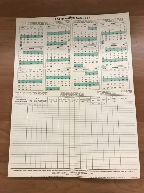 1954 Michigan State College – MABC Breeding Calendar