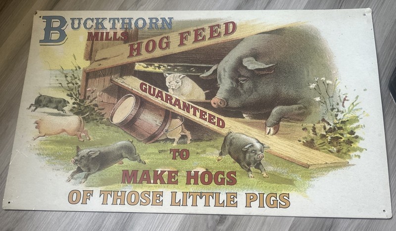 Pig Hog Feed Sign Run Metal Tin Buckthorn Mills Feed 23.75 X 14.75