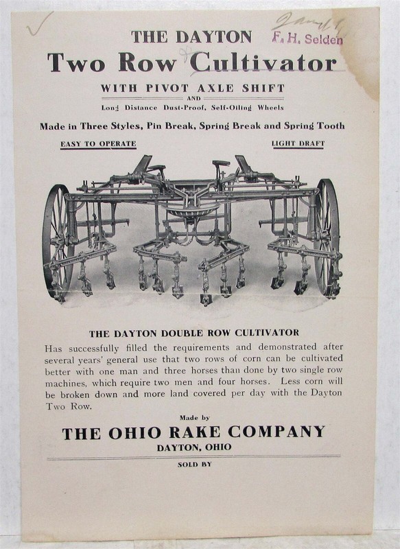 1910s Dayton Two Row Cultivator W/ Pivot Axle Shift Specs Farming Data Sheet