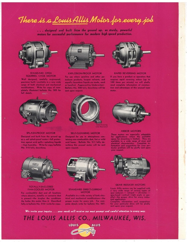 1937 Ad F&B of PG: Louis Allis Co. Milwaukee, Wisconsin – L.A. Arbor Motors ++