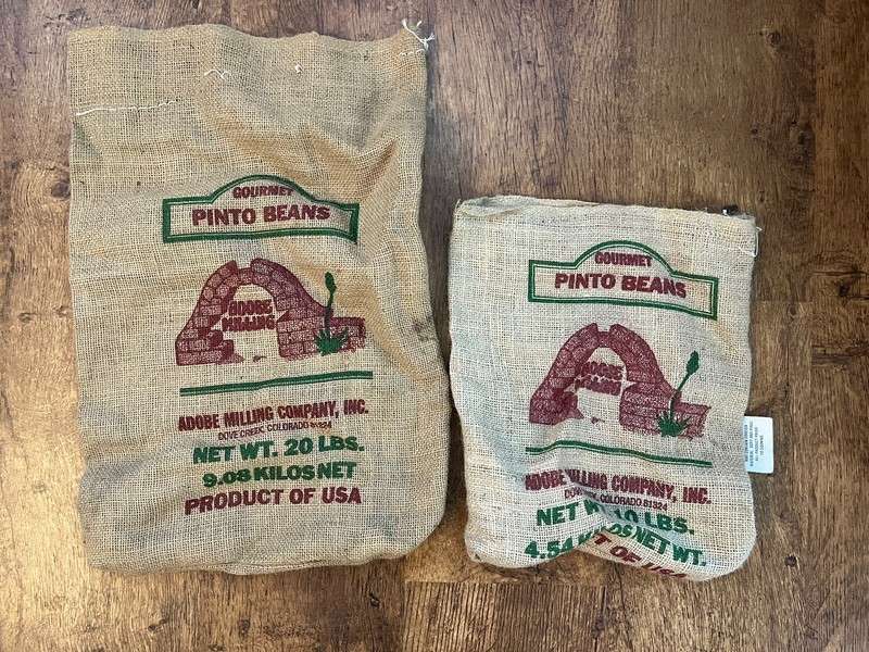 2x VINTAGE BURLAP BAG SACK GOURMET ANASAZI BEANS 20 Lb + 10 Lb ADOBE MILLING CO