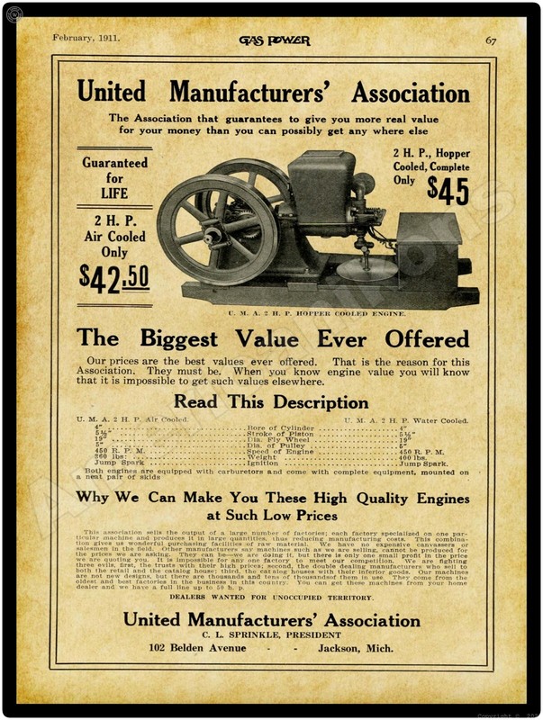 1911 United Mfg. UMA Engine Co. Gas Engines New Metal Sign: LARGE SIZE 12 x 16