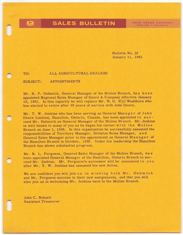 Vintage 1961 John Deere Sales Bulletin Dealership Memo – H. P. Oehmich Moline IL