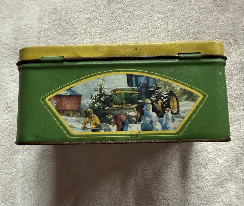 JOHN DEERE TRACTOR TIN R L CROUSE HINGED LID CHILDREN BUILDING SNOWMAN FARM. gallery