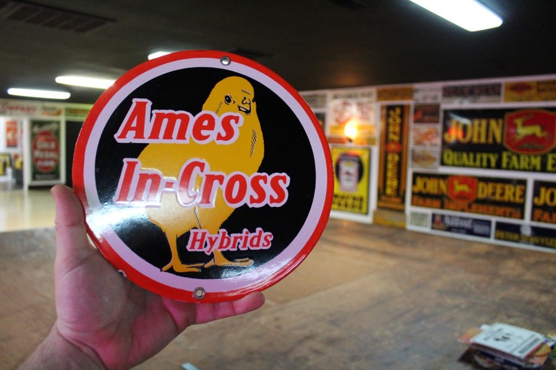 AMES IN-CROSS HYBRIDS FEED SEED FARM DEALER PORCELAIN METAL SIGN GAS CHICKEN BAR