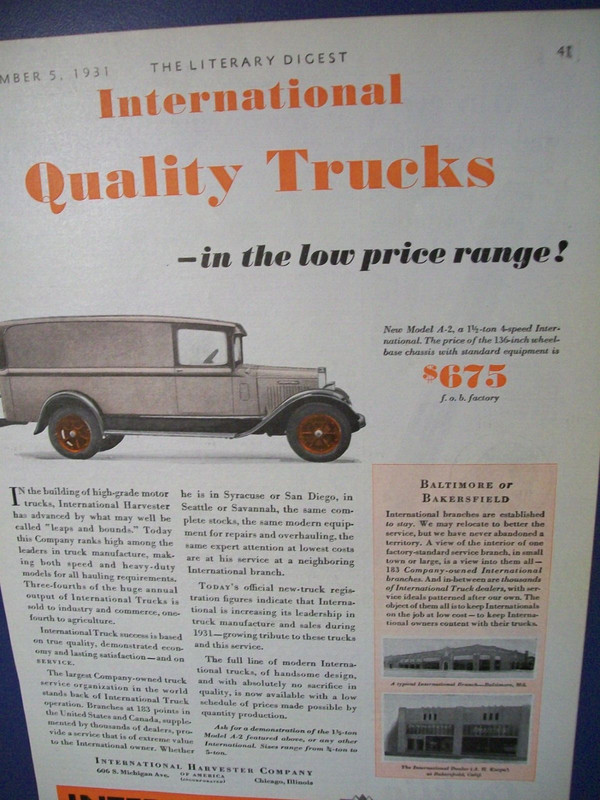 1931 IH International A-2 Panel / Delivery truck mid-size-mag car ad -“Quality”