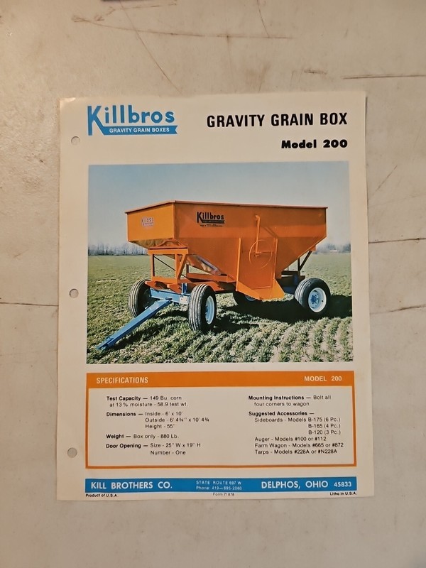 Original Killbros Model 200 Gravity Grain Box Sales Brochure Spec Sheet # 71878