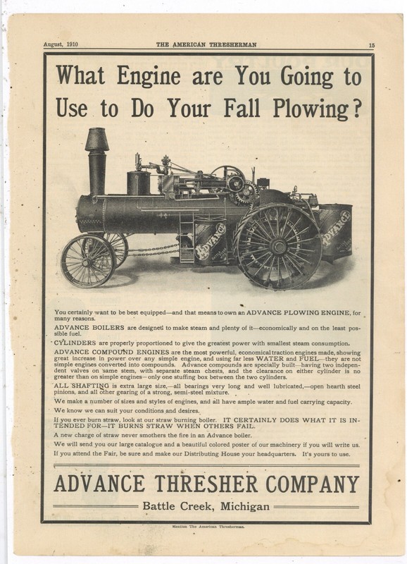 1910 Advance Thresher Co. Ad: Compound Engines for Plowing – Battle Creek, MI
