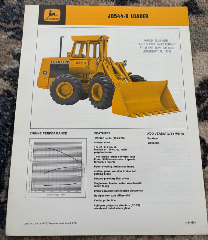 John Deere 544-B Wheel Loader For 1977 Brochure CWPA26