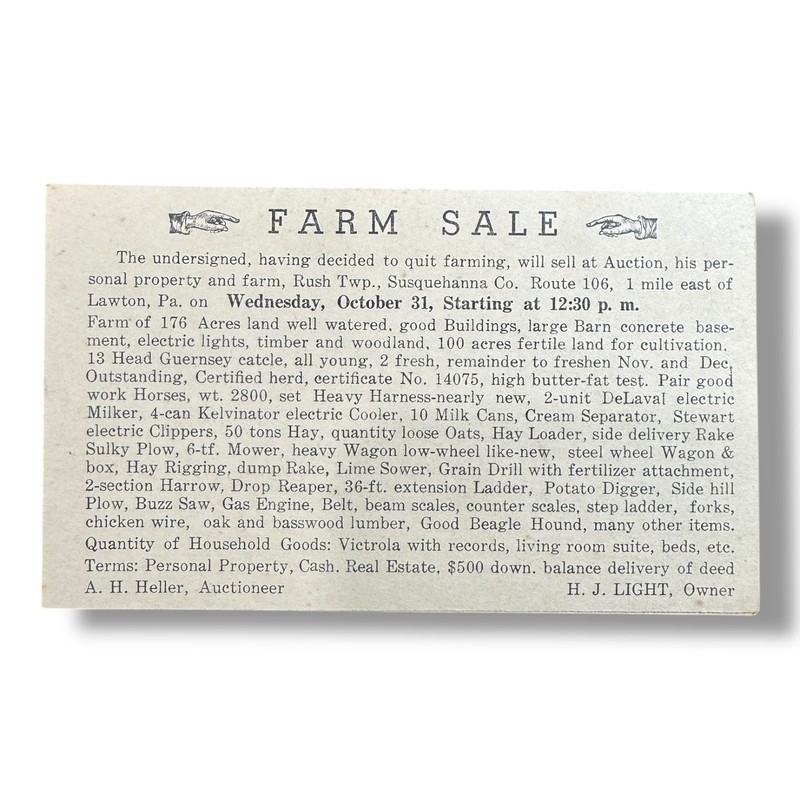 Vintage 1940s Pennsylvania Farm Auction Sale Card Rush Township Susquehanna PA