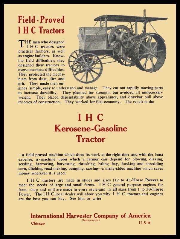 1912 International IHC Kerosene Gas Tractor New Sign – 18×24″ USA STEEL XL Size