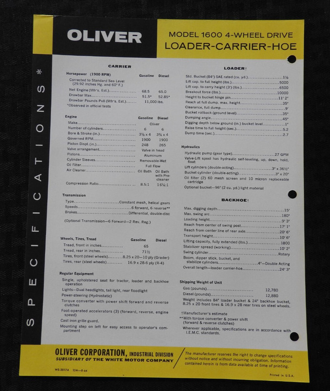 (2) 1964 "OLIVER 1600 TRACTOR LOADER BACKHOE" SPECIFICATIONS BROCHURE VERY NICE gallery