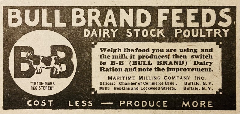1926 AD(XE17)~MARITIME MILLING CO. BUFFALO, NY. BULL BRAND CATTLE FEEDS