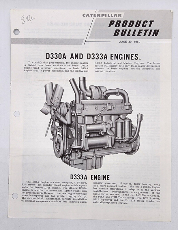 Caterpillar Product BulletinD330A D333A Engines June 30 1960 8 Pages