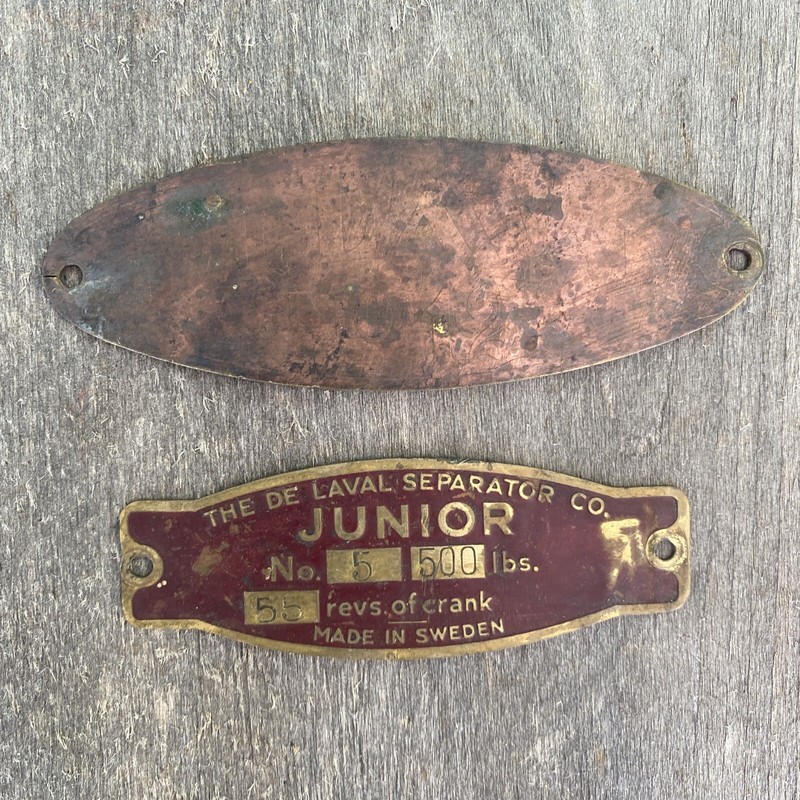 2 Antique DE LAVAL Cream Separator Co. No. 12 Brass Badge Plate Emblem Junior