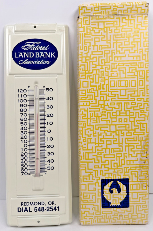Vtg Federal Land Bank Wall Metal Thermometer New/ Box Redmond Oregon Advestising