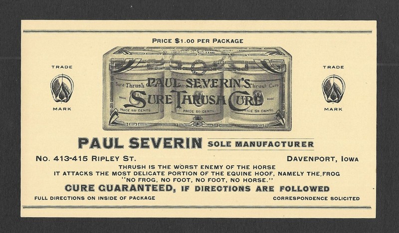 Product Label for Sure Thrush Cure from Paul Severin in Davenport Iowa
