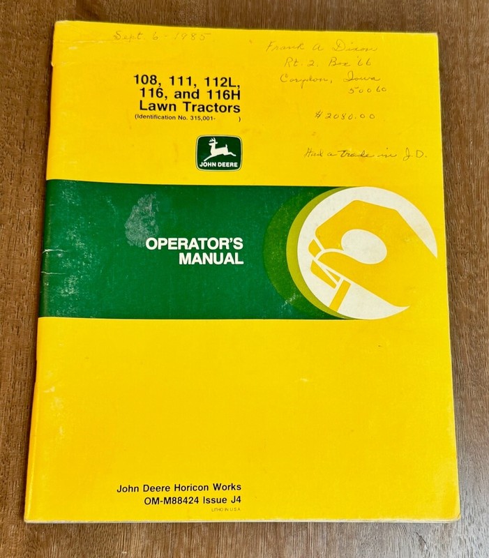 JOHN DEERE 108 111 112L 116 116H Lawn Tractors Operator’s Manual