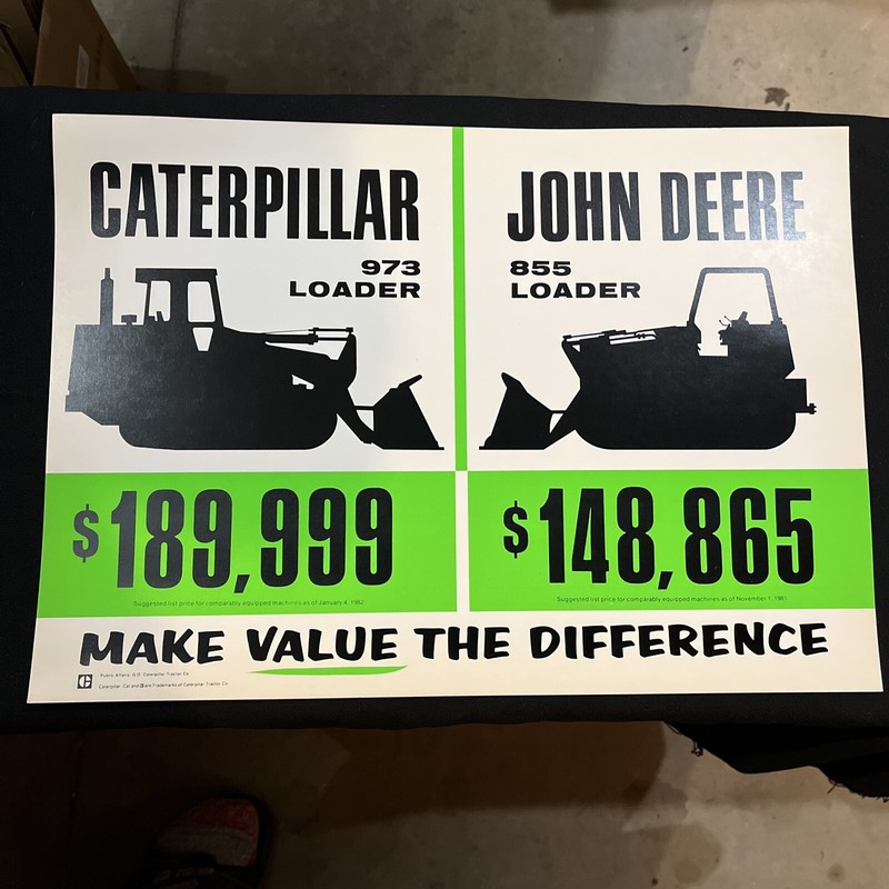Vintage CAT vs John Deere Sign NOS – Morale Poster – Track Loader Comparison 973