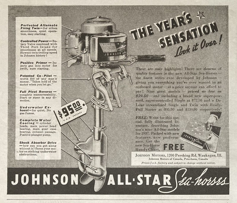 1937 AD.(XH65)~JOHNSON MOTORS, WAUKEGAN, ILL. JOHNSON “ALL-STAR” SEA-HORSE MOTOR