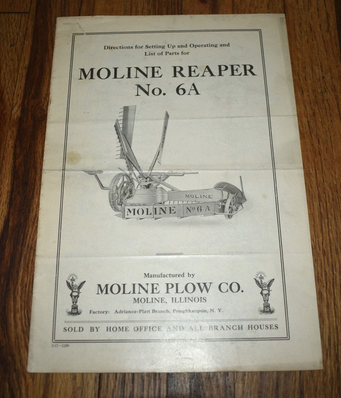 Vintage Moline Plow Co Adriance Reaper No 6A Directions & List of Parts Book