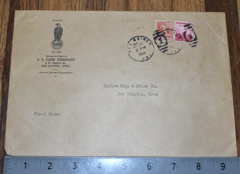 Vintage 1942 J.I. Case Farm Equipment Co New Hampton IA Shipping Envelope Only
