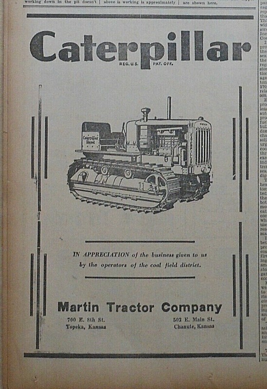 1940 newspaper ad for Caterpillar tractor – in appreciation of use by coal field