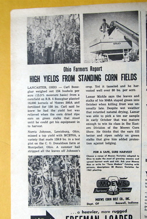 Original 1962 Moews Seed Ad Features Carl Boneghar, Lancaster Ohio