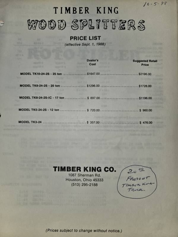1988 TIMBER KING WOOD SPLITTERS COLOR BROCHURE AND PRICE LIST gallery