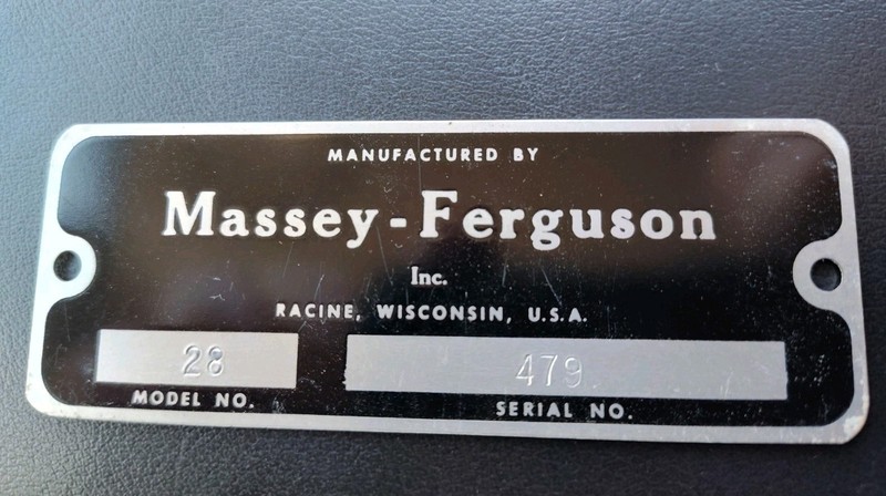 1960’s MASSEY FERGUSON 28 COMBINE TRACTOR RACINE WI SERIAL MODEL NUMBER ID PLATE