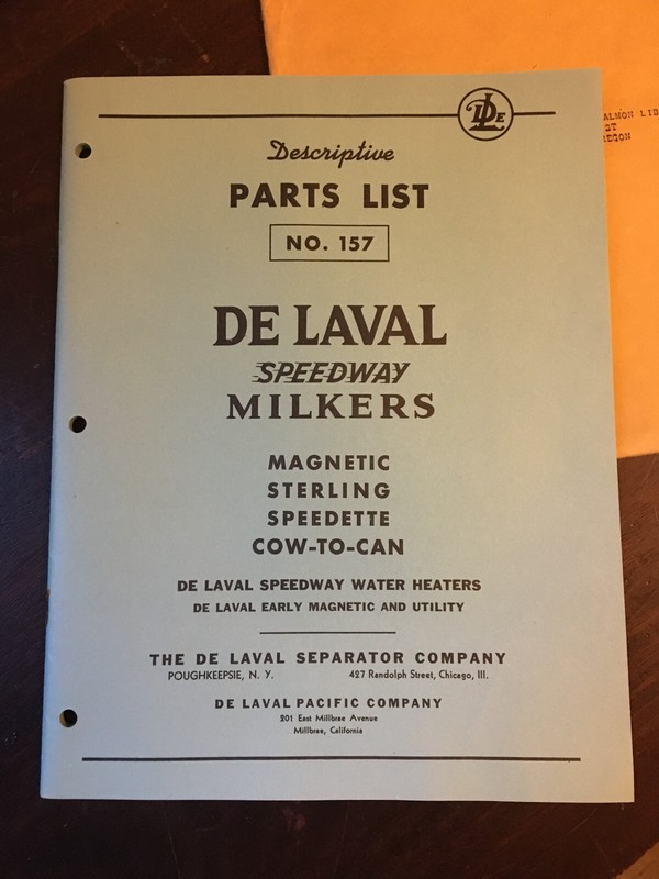 De Laval Speedway Milkers Parts List No. 157, 1957, excellent
