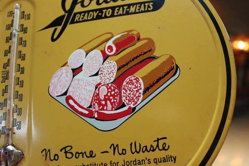 RARE 1950s JORDAN MEAT MARKET STORE METAL THERMOMETER SIGN FARM PIG HOG COW IH gallery