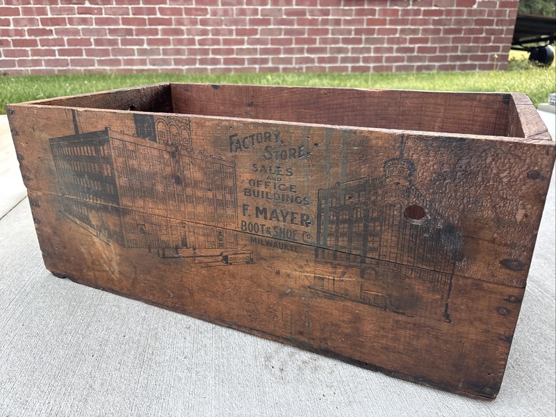 Antique Wooden Crate F. Mayer Boot & Shoe Co Milwaukee Wisconsin Wood Box