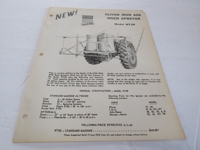 Oliver Iron Age Weed Sprayer Literature 1954 1 Page