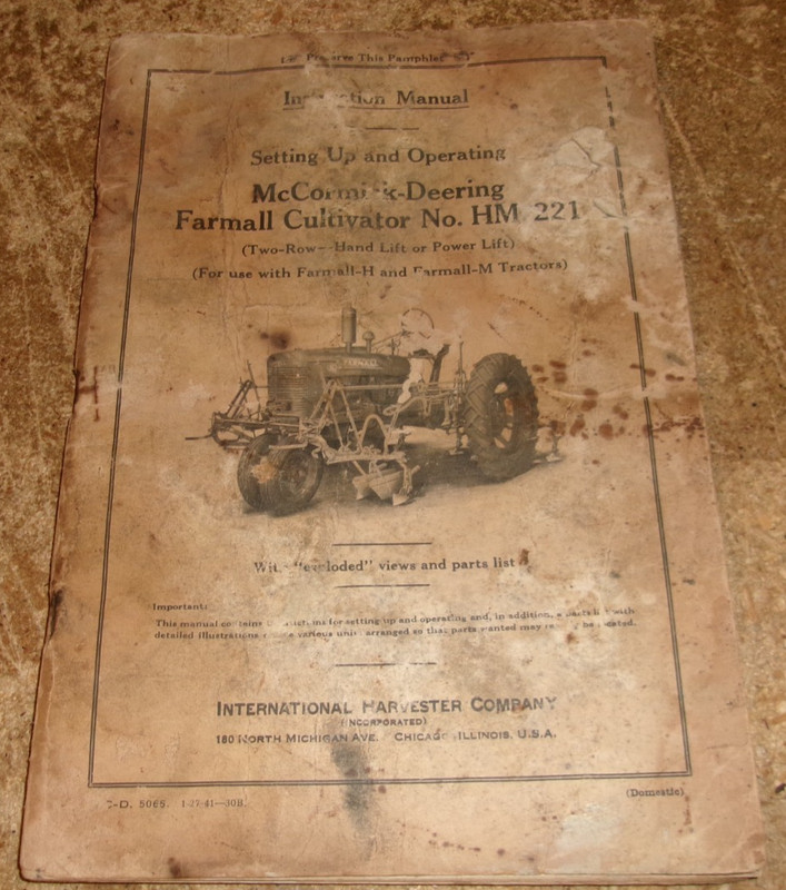1941 McCormick-Deering HM 221 two row cultivator instruction manual good used