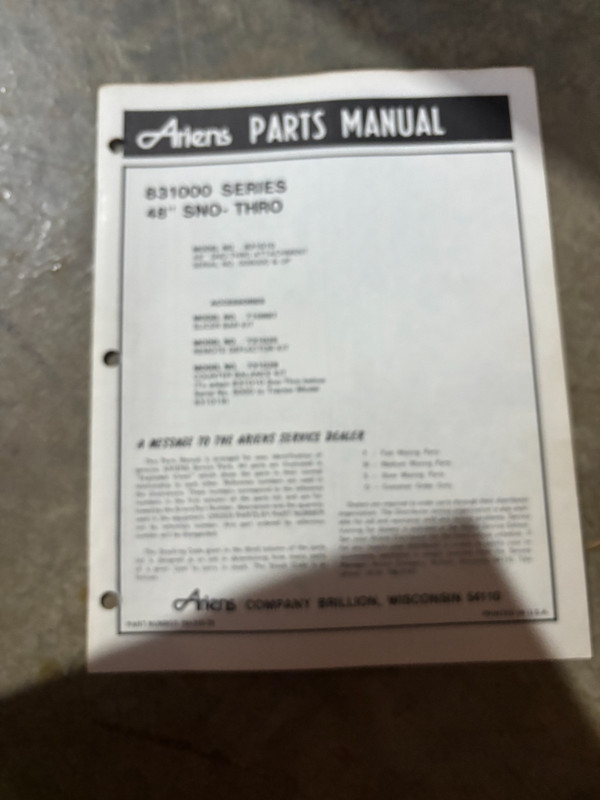 Ariens 831000 Series Snow Blower Parts Book Manual AMIL26