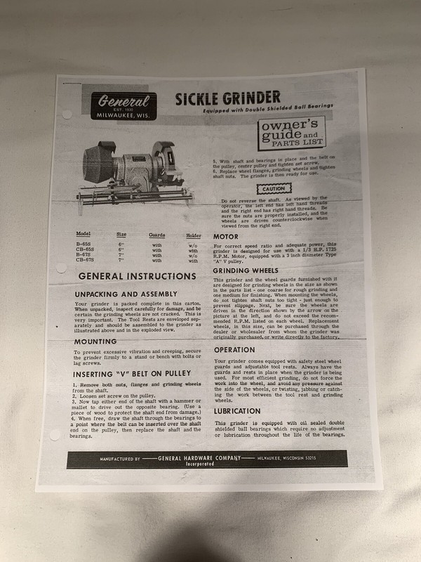 Copy of Vintage 1967 Power Tool & Sickle Grinder Instructions General Hardware