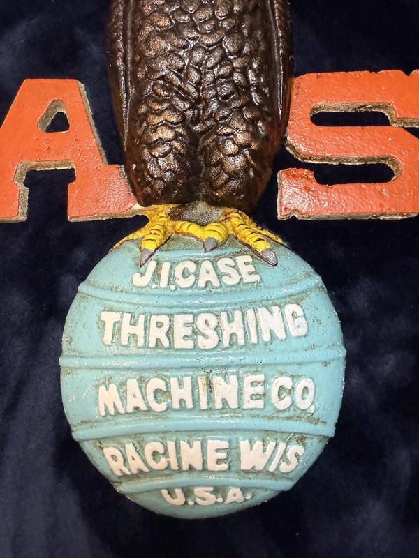 Vintage J.I. CASE Threshing Machine Co., Embossed Eagle Cast Iron Painted Sign gallery