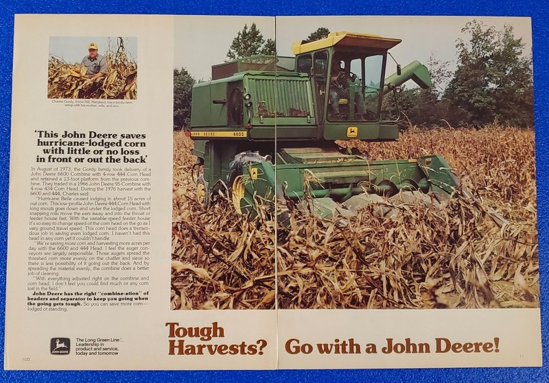 1977 JOHN DEERE 6600 COMBINE ORIGINAL 2 PAGE COLOR PRINT AD “TOUGH HARVESTS?”