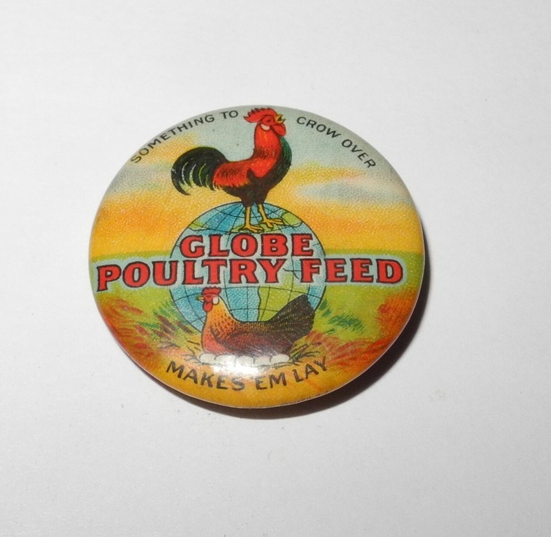 1910 Globe Poultry Chicken Feed Something Crow Over Agriculture Advertising Pin