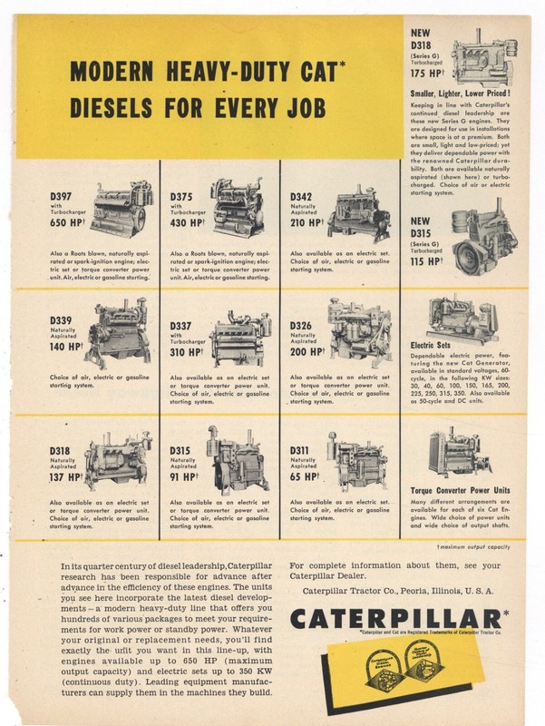 1957 Caterpillar Diesel Engine Ad: D397 – D311 Models Pictured, Torque Converter
