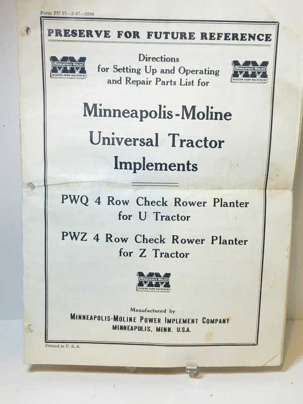 Minneapolis Moline 4 Row Planter for U & Z Tractors S/U Operating & Repair List