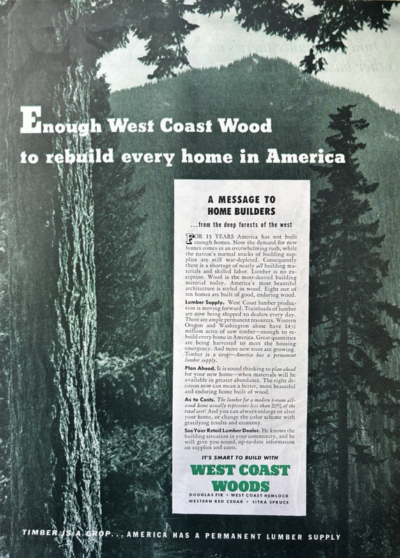 1946 West Coast Woods Timber Build With Home Forests Supplies VTG Print Ad